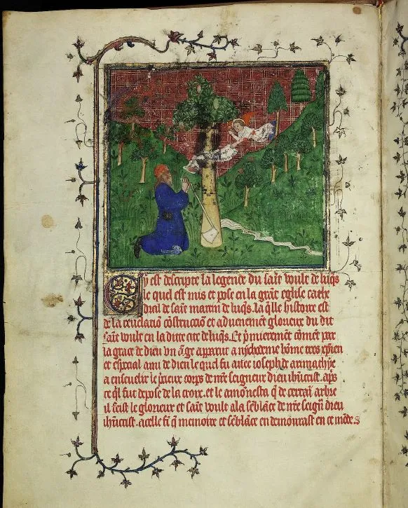 Nicodemo scolpisce il Volto Santo, completato da una mano angelica — miniatura del Codice Rapondi